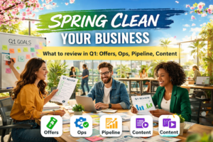 Colorful graphic with the title “Spring Clean Your Business” and subtitle “What to review in Q1: offers, ops, pipeline, content” (AnsirSD, March 2026).