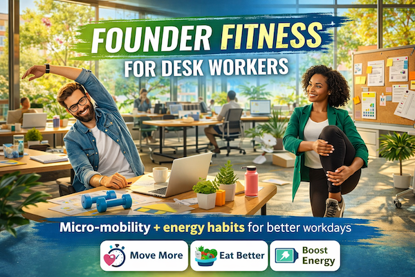 Colorful graphic with the title “Founder Fitness for Desk Workers” and subtitle “Micro-mobility + energy habits for better workdays” (AnsirSD, March 2026).